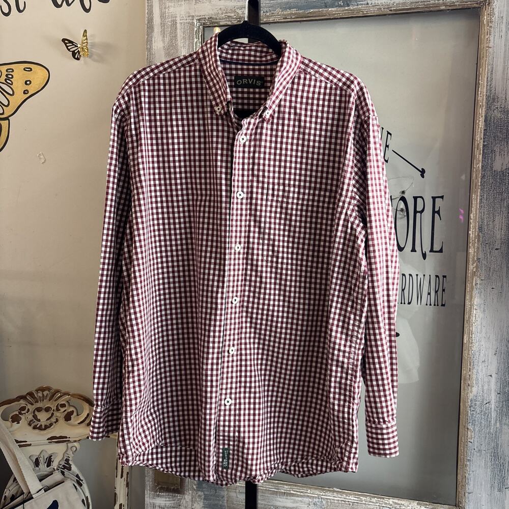 Men’s Orvis (heritage wash) Red Plaid Button Up Size Large 100% Cotton